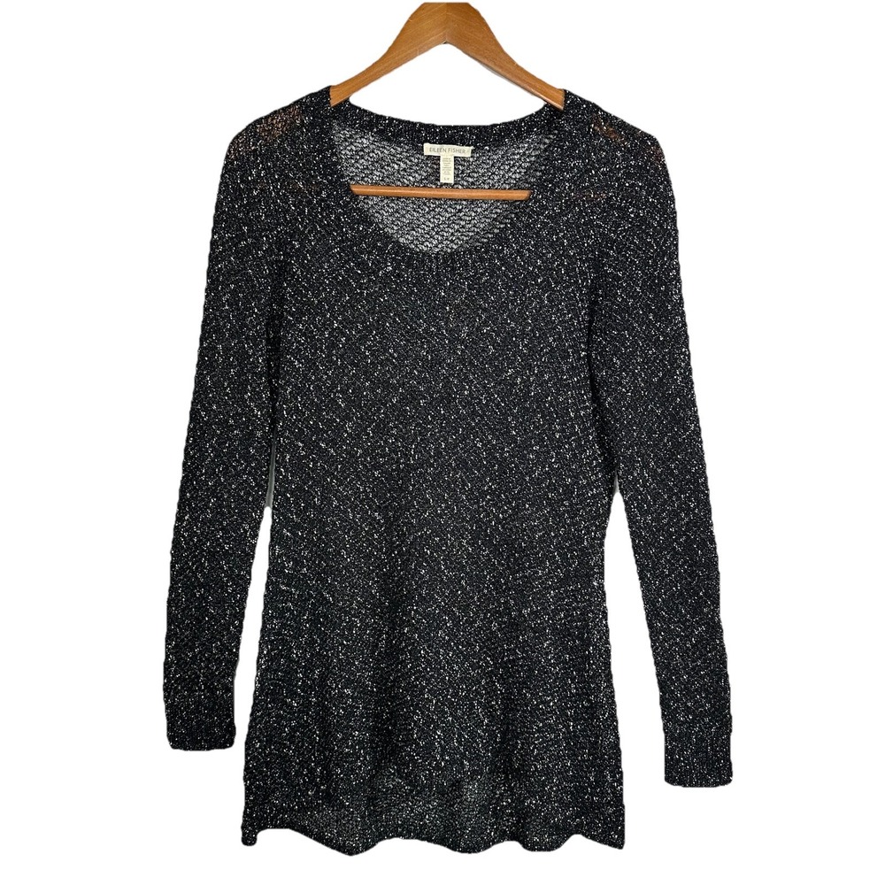 Eileen Fisher Speckled Sheer Cotton-Linen Sweater Black Size S/P Pullover
